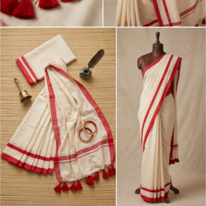Elegant white mulmul cotton saree for women – lightweight traditional saree